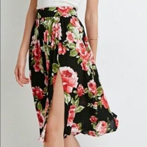 Forever21 Pink/Red Floral Roses Midi Slit Skirt S